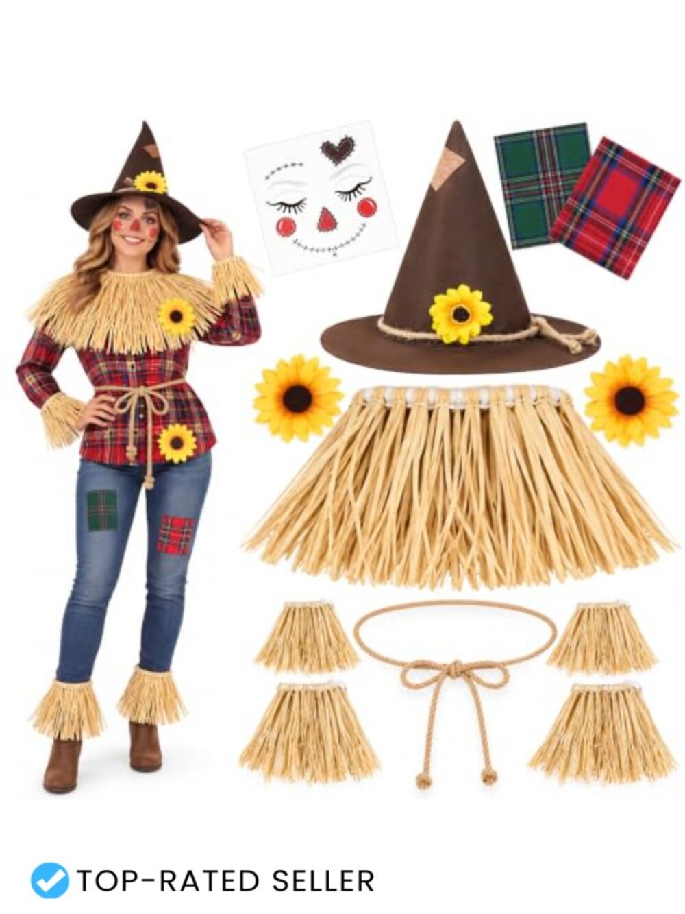 Scarecrow Costume Accessory Set Raffia Straw Hat Sunflower Cosplay